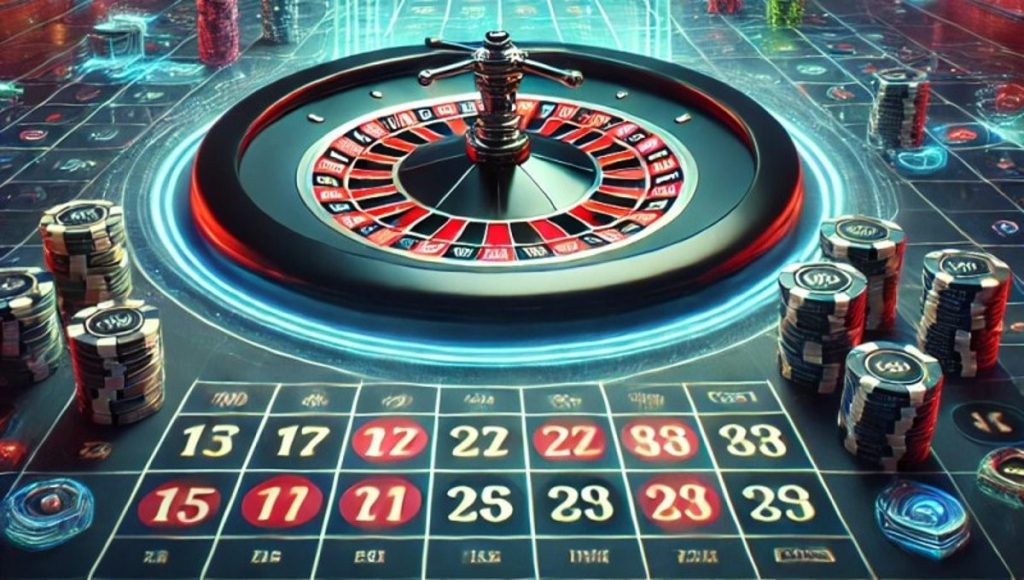 Roulette table in a casino with spinning wheel, colorful chips, and highlighted betting numbers including 13, 17, 22, and 33